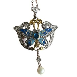 New W/Tags Louis Comfort Tiffany Inspired Sapphire Pearl Butterfly Necklace